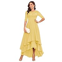 Women's Scoop Neck Chiffon Mother of The Bride Dresses for Wedding High Low Ruched Formal Evening Gown