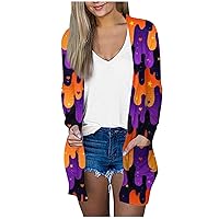 Women's Halloween Cardigan Plus Size Long Sleeve Pumpkin Cardigans Open Front Outwear Coat With Pockets S-5XL