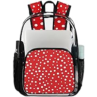 Abstract Red And White Polka Dot Clear Backpack Heavy Duty Transparent Bookbag for Women Men See Through PVC Backpack for Security, Work, Sports, Stadium