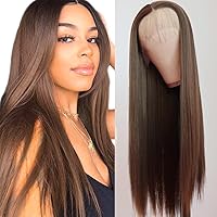 Lezaxiu Brown Lace Front Wigs Pre Plucked Ready to Wear Wigs Glueless Auburn Brown Wigs Long Straight Hair Wig Heat Resistant Synthetic Lace Front Wigs for Fashion Women Natural Hairline