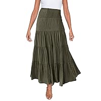 Womens Maxi Skirt Boho Tiered Flowy Beach Casual Dress Long Layered Summer A-Line Skirt Holiday Elastic Midi Dresses