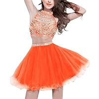 Women's Two Piece Beaded Homecoming Dress High Neck Tulle Mini Short Cocktail Dresses Graduation Party Prom