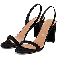 LEHOOR Women Chunky Block High Heel Sandals Suede Open Toe Elastic Ankle Strap Dress Sandal Shoes 4
