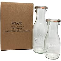 Juice Jar Combo Pack - (1) 766 1-Liter jar (1) 764 1/2-Liter jar with Glass Lids, Rubber Rings and Steel Clamps