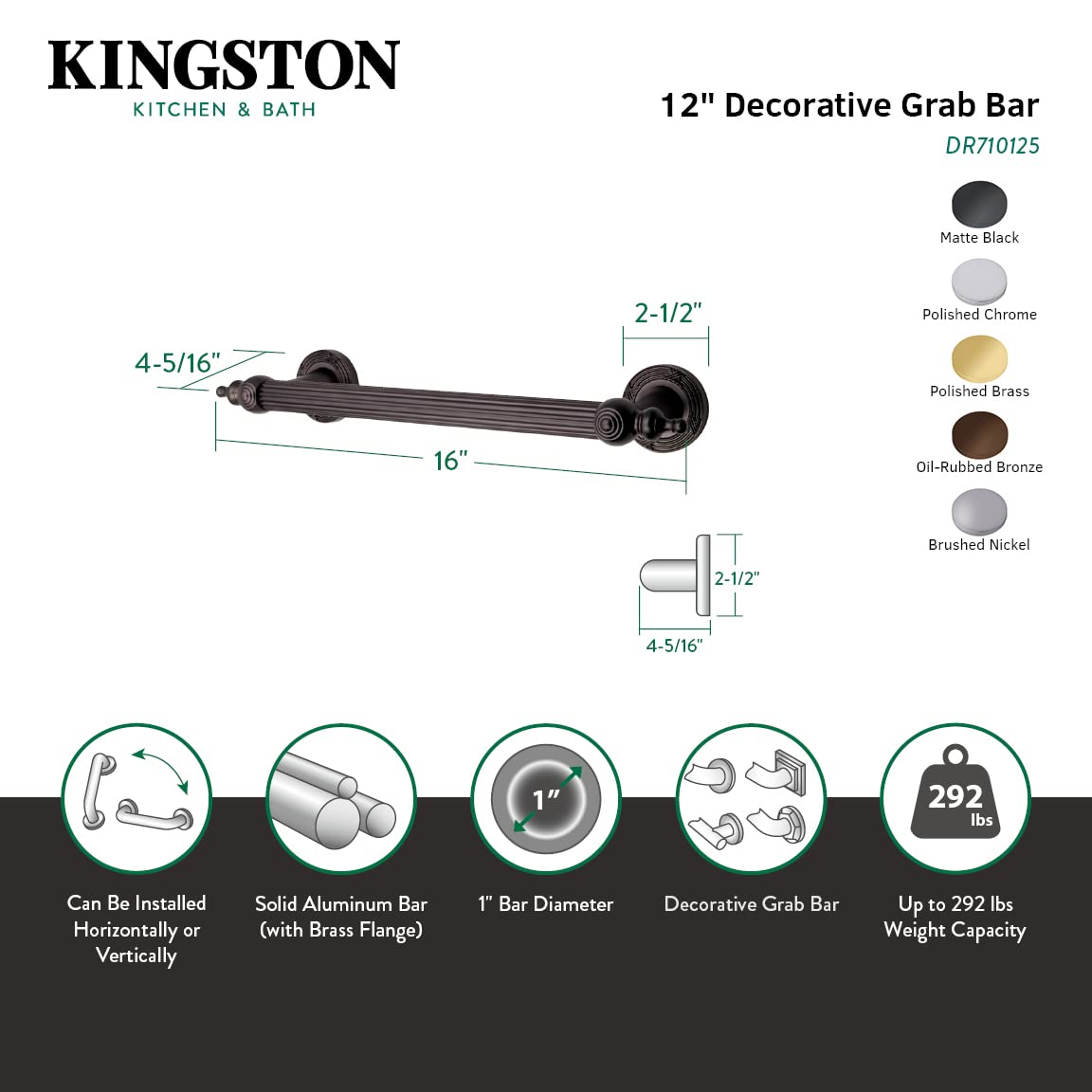 Kingston Brass DR710122 Designer Trimscape Templeton Grab Bar 12-Inch with TL TIP, Polished Brass
