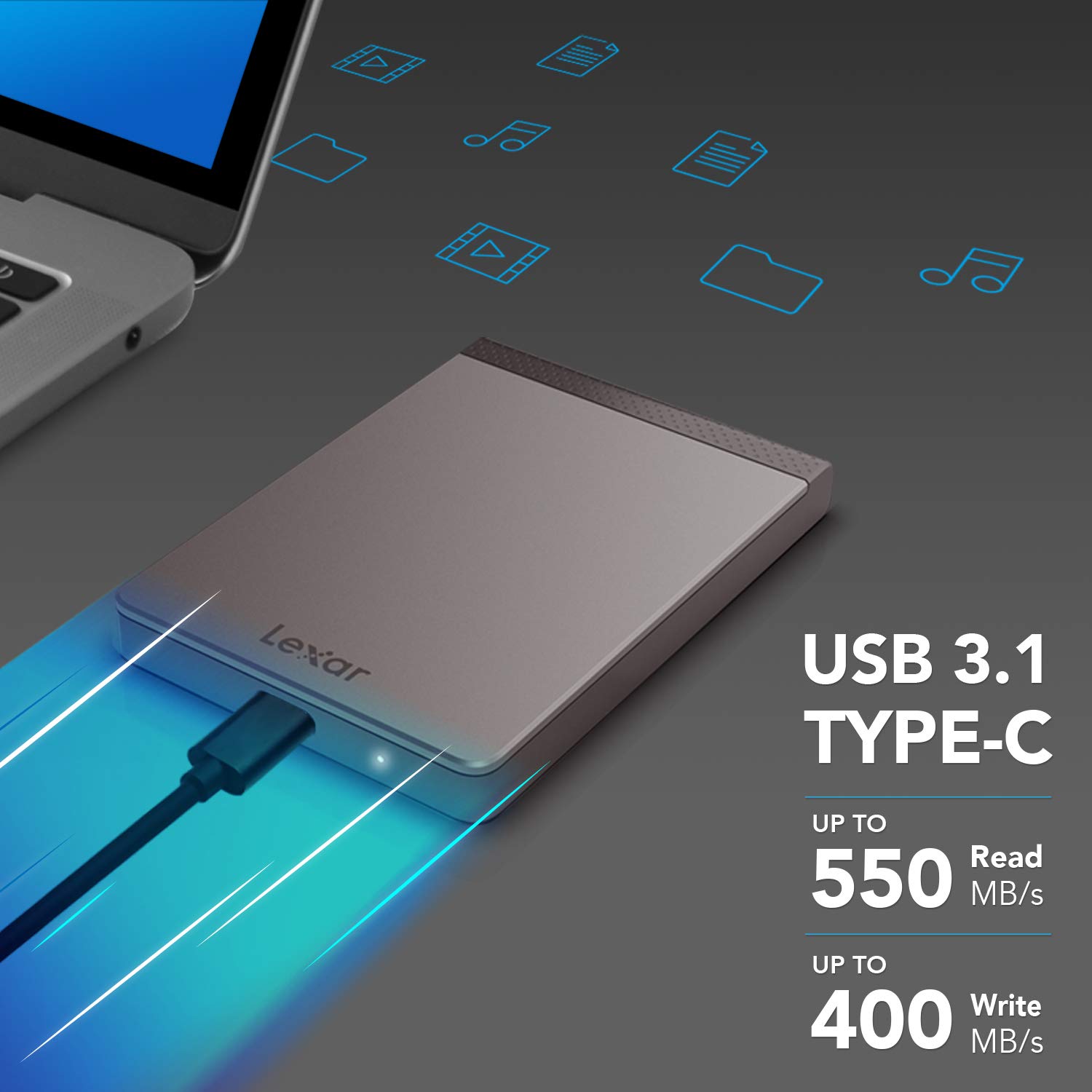 Lexar SL200 1TB Portable SSD, Up to 550MB/s, USB-C, External Solid State Drive (LSL200X001T-RNNNU)