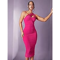 Women's Dress Asymmetrical Neck Ruched Bodycon Dress Dresses for Women XIALON (Color : Hot Pink, Size : Large)