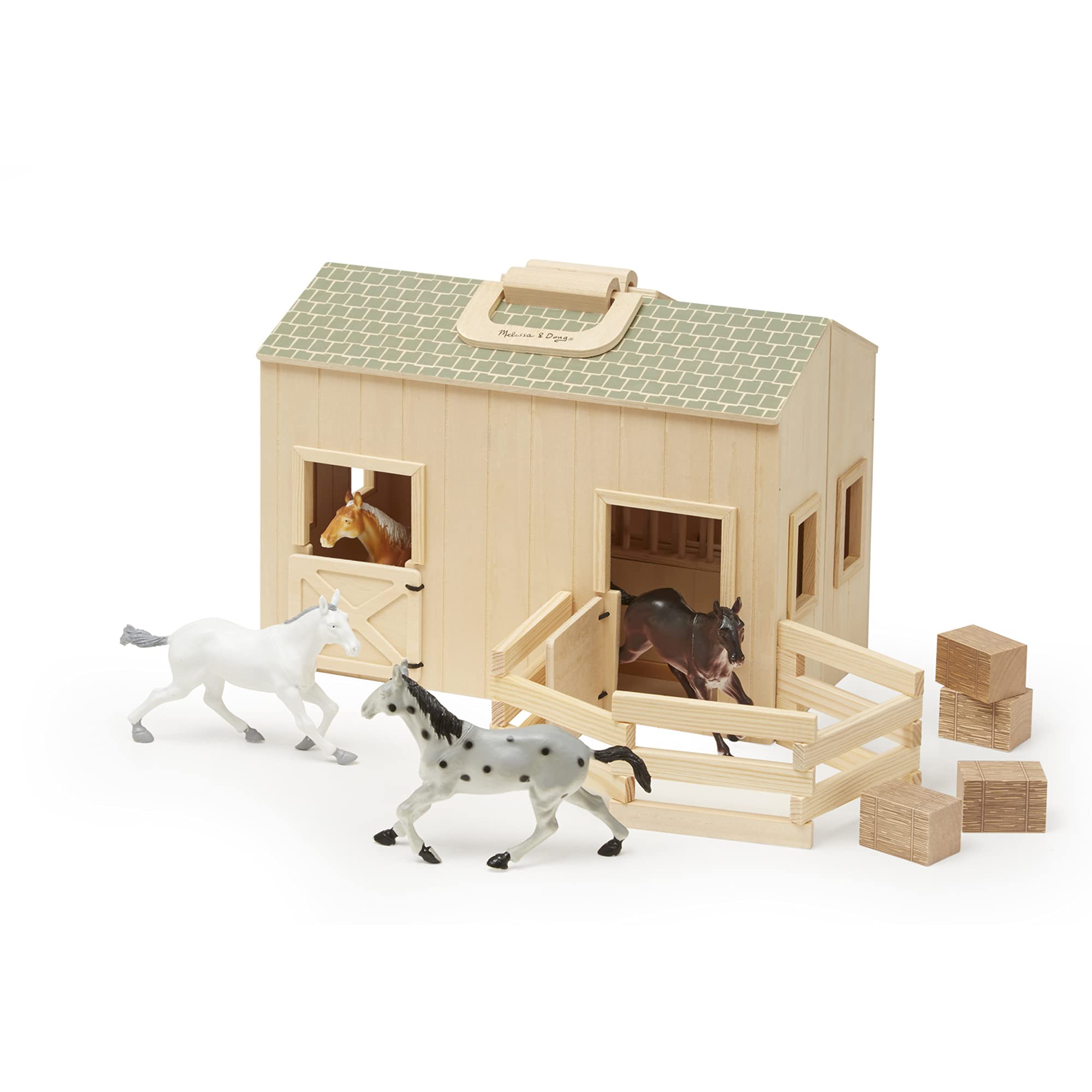 Melissa & Doug Fold and Go Wooden Horse Stable Dollhouse With Handle and Toy Horses (11 pcs) - Portable Horse Barn Play Set, Toy Horse Figures For Kids 3+