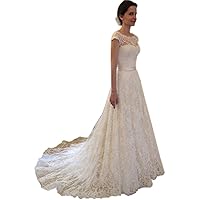 Ivory Vintage Cap Sleeve Sheer Lace Wedding Dress With Train