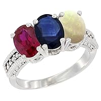 14K White Gold Enhanced Ruby, Natural Blue Sapphire & Opal Ring 3-Stone Oval 7x5 mm, Size 10