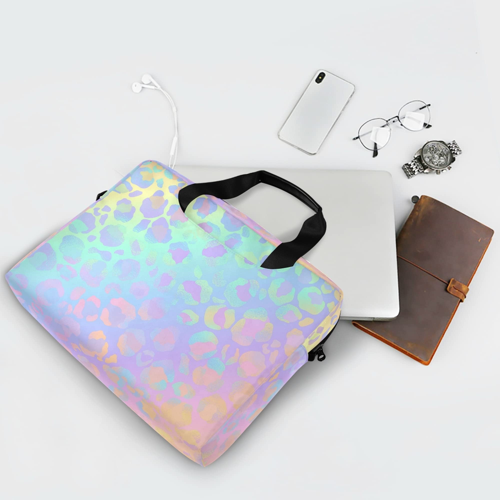 ALAZA Rainbow Leopard Print Rose Gold Cheetah Laptop Case Bag Sleeve Portable Crossbody Messenger Briefcase wStrap Handle, 13 14 15.6 inch, Multicoloured