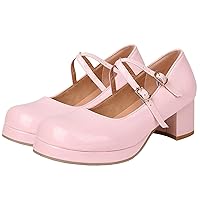 LUXMAX Women Patent Leather Mary Janes Block Heel Platform Pumps Ankle Strap Buckle Chunky Heel Pumps Closed Square Toe Dress Shoes