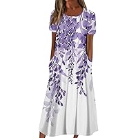 Cocktail Dresses for Women Wedding Guest Women's Summer Casual Printed Short Sleeve Round Neck Long Dress Beach Sundress with Pockets Purple