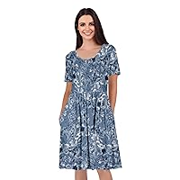 Women's Short Sleeve Empire Knee Length Dress with Pockets White and Blue
