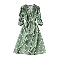 Women's Casual Loose-Fitting Summer V-Neck Trendy Glamorous Dress Flowy Sleeveless Knee Length Print Beach Swing Army Green
