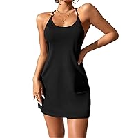 Solid Backless Halter Dress (Color : Black, Size : XX-Small)