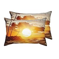 2 Pack Queen Size Pillow Cases with Envelope Closure Palm Trees Ocean Waves Sunset Pillow Cover 20x30 Inches Soft Breathable Pillowcase for Hair and Skin, Sleeping Gift