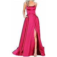 Formal Dresses for Women Evening Party Formal Dresses for Women 2024 Classic Solid Color Elegant Sexy Spaghetti Strap with Front Slit Low Neck Dress Hot Pink X-Small