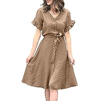 chouyatou Women's Spring Summer V-Neck Button Down Dress Solid Flounce Short Sleeve Belted Midi Shirt Dress