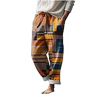 Mens Printed Summer Linen Pants Drawstring Wide Straight Leg Casual Pants Elastic Waist Beach 2024 Hawaiian Pants