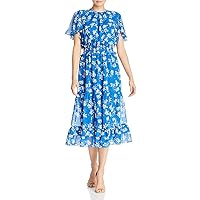 Shoshanna Womens Villa Floral Tie Neck Midi Dress Blue 0