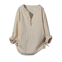 Cotton and Linen Shirts for Women Spring Summer Casual Notch V Neck Long Sleeve Tops Comfy Pullover Blouses with Button Decor