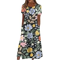 Womens Plus Size Short Sleeve Floral Dress Casual Crew Neck Hide Tummy Spring Dress Pockets Robes