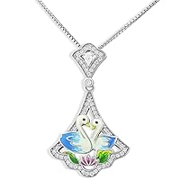 Rhodium Plated Sterlin Silver Hand Painted Enamel Womans Swans Charm Necklace 18in
