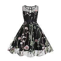 IMEKIS Kids Girls Embroidered Floral Lace Dress Sheer Round Neck Sleeveless Cocktail Swing Dress Flower Girls Gown