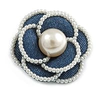 55mm Layered Blue Denim Fabric with White Faux Pearl Bead Flower Brooch/Clip