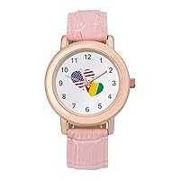 Guinea US Flag Fashion Leather Strap Women's Watches Easy Read Quartz Wrist Watch Gift for Ladies