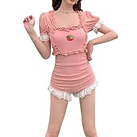 One Piece Swimsuit Women Teens Tummy Control Short Sleeve Kawaii Strawberry Vintage Ruffle Ruched Bathing Suit