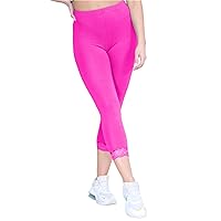 New Womens Lace Trim Plain 3/4 Leggings Gym Stretch Capri Cropped Jogging Pants Neon Pink