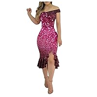 Summer Dresses for Women 2024,Women's Sexy Off Shoulder Sequin Dress Fashion Short Sleeve Ruffle Irregular Hem Dress