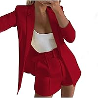 2 Piece Outfits Suits Set Long Sleeve Lapel Collar Blazer with Pockets & Shorts Comfy Business Suit Sets with Belt