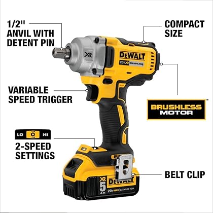 DEWALT 20V MAX* XR Cordless Impact Wrench Kit with Detent Pin Anvil, 1/2-Inch (DCF894P2)