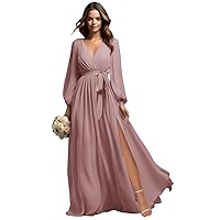 Long Sleeves Chiffon Bridesmaid Dresses for Women V-Neck Wedding Guest Gowns Long Formal Dress with Slit