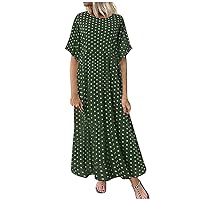 Womens Plus Size Dot Printed Short Sleeves Casual Dress Fall Fashion O Neck Loose Fit Long Dresses Summer Beach