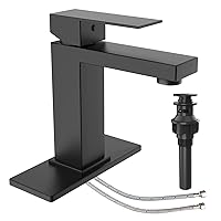 Matte Black Bathroom Sink Faucet for 1 or 3 Hole with Pop Up Drain Stopper & Water Supply Hoses No-Lead Modern Single Handle Bathroom Faucet (Deck Plate Included)