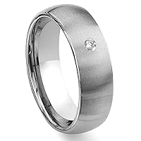Tungsten Carbide 8mm Brushed Dome Diamond Wedding Band Ring
