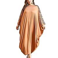 Flygo Women's Batwing Plaid Floral Printed Long Short Sleeves Oversized Maxi Dress Sleep Loungewear (One Size, Orange)