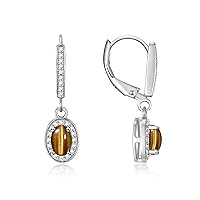Women's Sterling Silver Dangling Earrings - Oval Shape Gemstone & Diamonds - 6X4MM Birthstone Earrings - Exquisite Color Stone Jewelry
