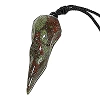 TUMBEELLUWA Carved Raven Skull Pendant Necklace for Men Women Healing Crystal Stone Amulet Crow Bird Head Jewelry with Adjustable Cord