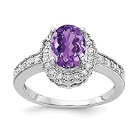 Solid 14k White Gold 8x6mm Oval Amethyst Purple February Gemstone Checker Diamond Engagement Ring (.276 cttw.)