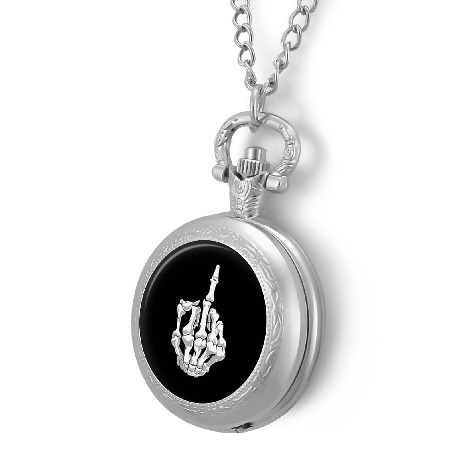 Skull Middle Finger Quartz Pocket Watch With Chains Retro Necklace For Birthday Valentine's Day Wedding Gift