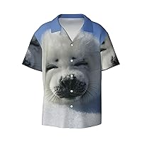 Cute Seal Men's Summer Short-Sleeved Shirts, Casual Shirts, Loose Fit with Pockets