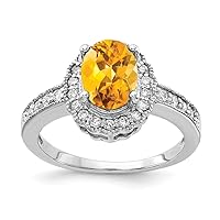 Solid 14k White Gold 8x6mm Oval Citrine Yellow November Gemstone Checker Diamond Engagement Ring (.276 cttw.)