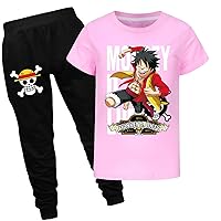 Boys Comfy Summer Clothes Outfits-One Piece Crew Neck Tees Tops and Long Pants Sets Anime Luffy Graphic T-shirts