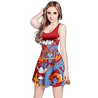 CowCow Womens Casual Dresses Chinese Dragon Vintage Flowers Japanese Pattern Mini Skater Dress, XS-5XL