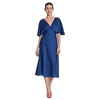 Maggy London Women's V-Neck Flutter Cape Look Sleeve Midi Dress with Twist Detail at Front Waist and Tie Back